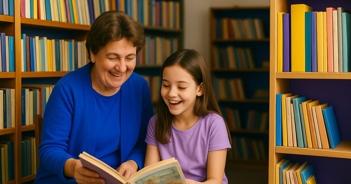Bunică și nepoată alegând împreună o carte într-o bibliotecă cu rafturi din lemn.
