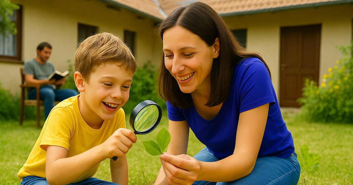 Băiețel și mama lui descoperind o frunză cu ajutorul unei lupe, în grădină.